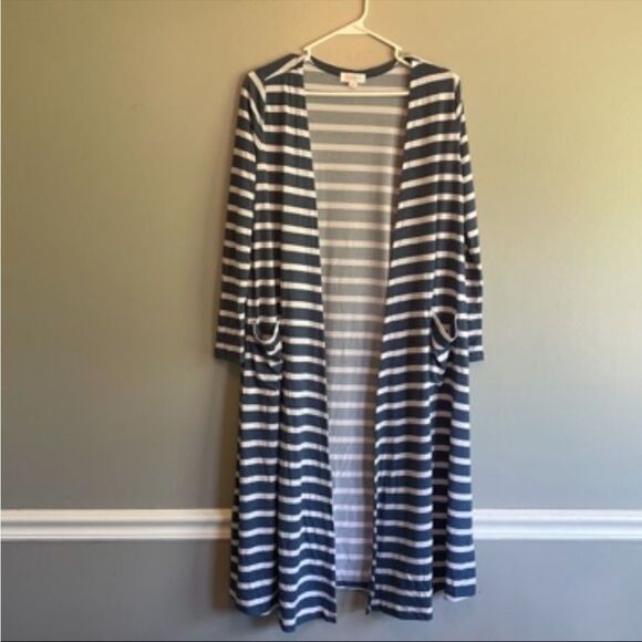 Lularoe Cardigan open front duster with pockets blue white stripe size Small S - Picture 1 of 5